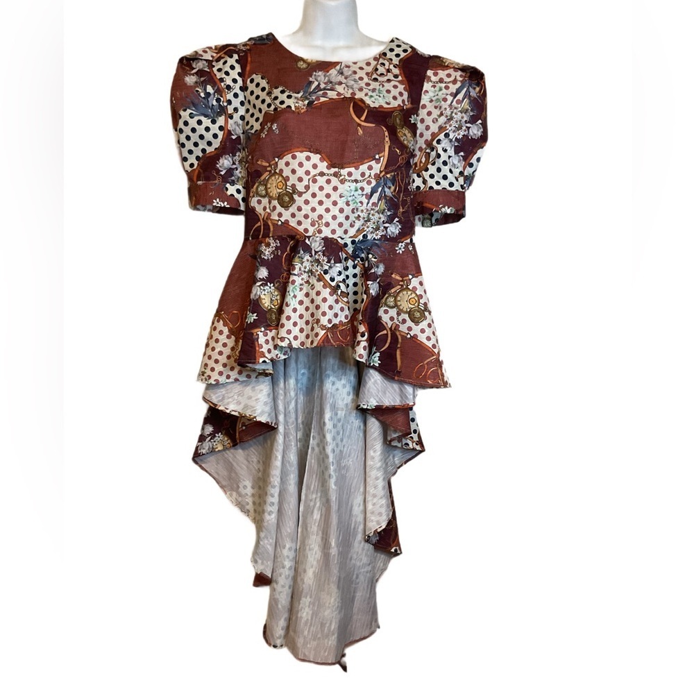 Floral Polka Dot High-Low Dress abstract balloon sleeves